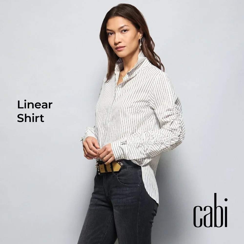 Cabi Linear Shirt Women M Black White New Ruched Sleeve Striped Blouse 4530